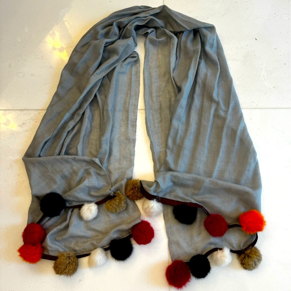 Real rabbit fur pom-pom pashmina scarf